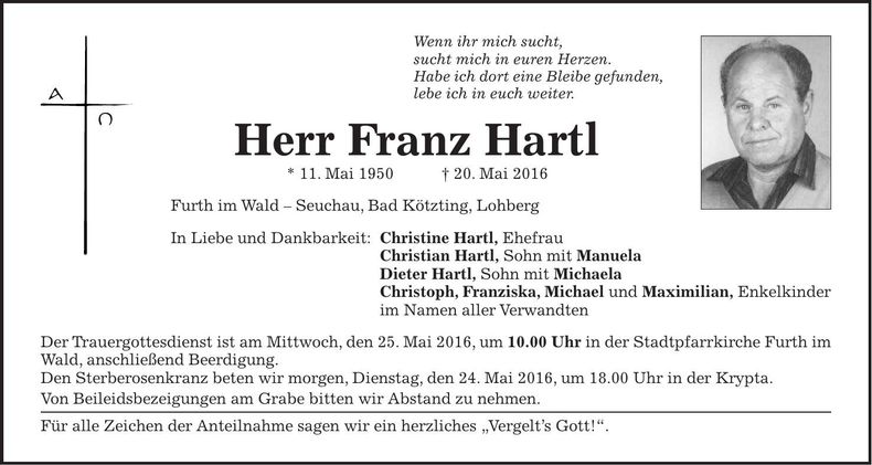 Traueranzeige Franz Hartl