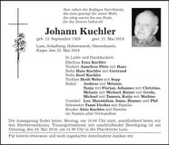 Traueranzeige Johann Kuchler