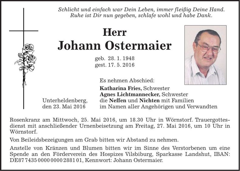 Traueranzeige Johann Ostermaier