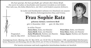 Traueranzeige Sophie Ratz