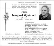 Traueranzeige Irmgard Wystrach