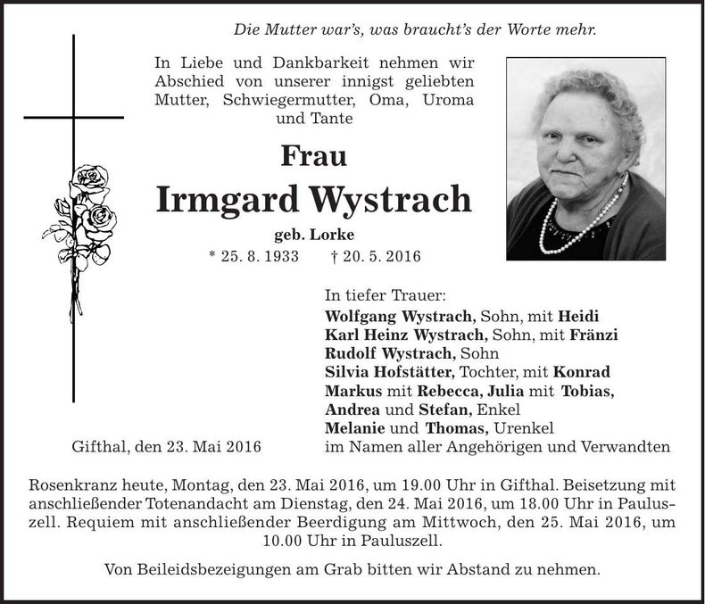 Traueranzeige Irmgard Wystrach