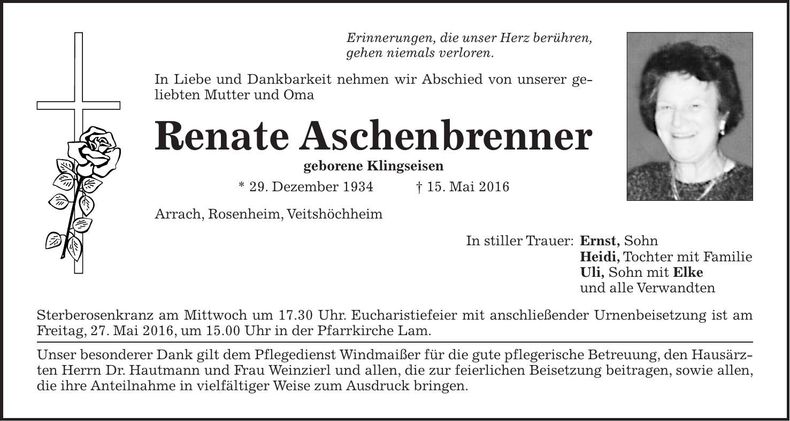 Traueranzeige Renate Aschenbrenner
