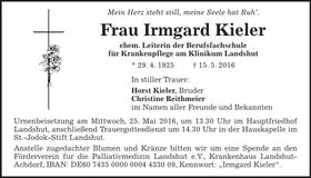 Traueranzeige Irmgard Kieler