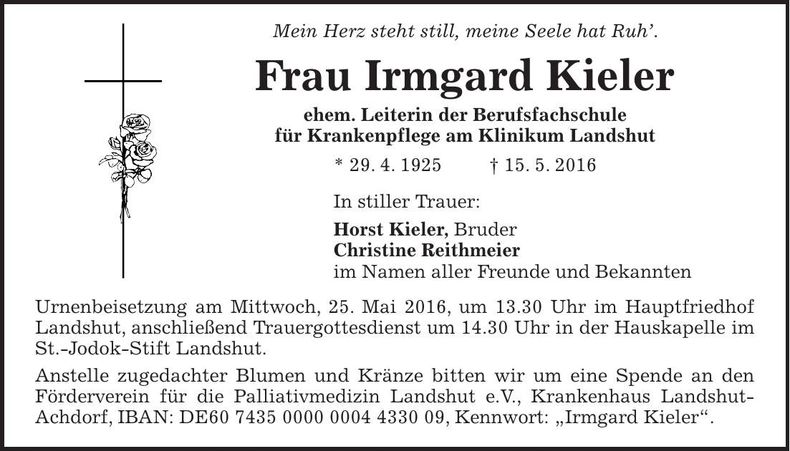 Traueranzeige Irmgard Kieler