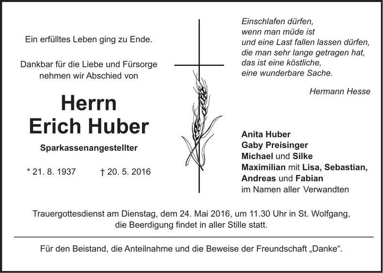 Traueranzeige Erich Huber