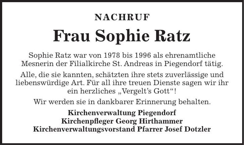 Traueranzeige Sophie Ratz