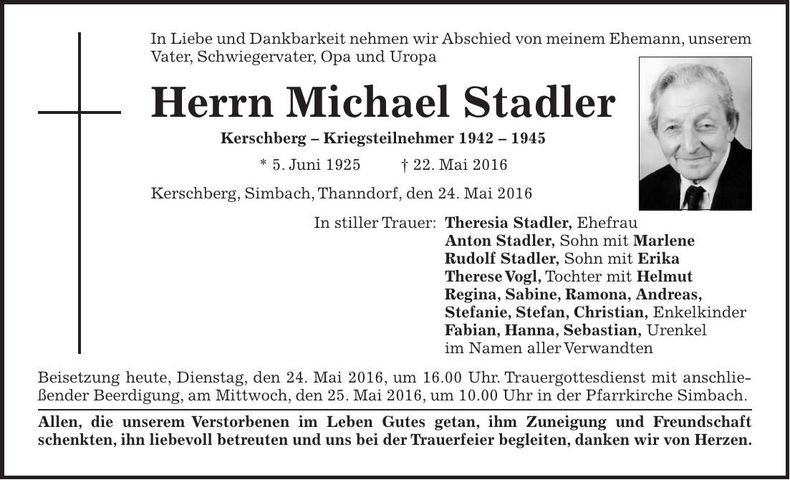 Traueranzeige Michael Stadler