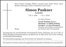 Traueranzeige Simon Paukner