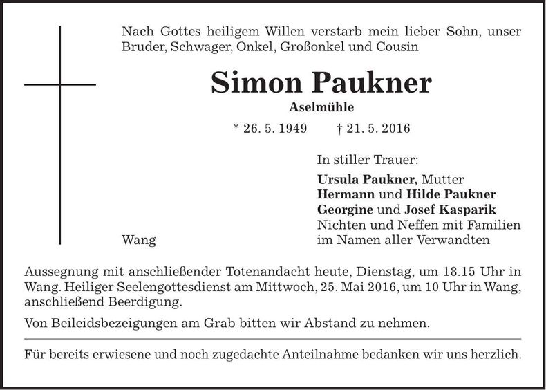 Traueranzeige Simon Paukner