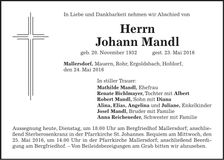 Traueranzeige Johann Mandl