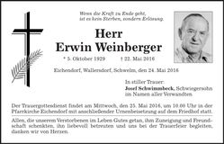 Traueranzeige Erwin Weinberger