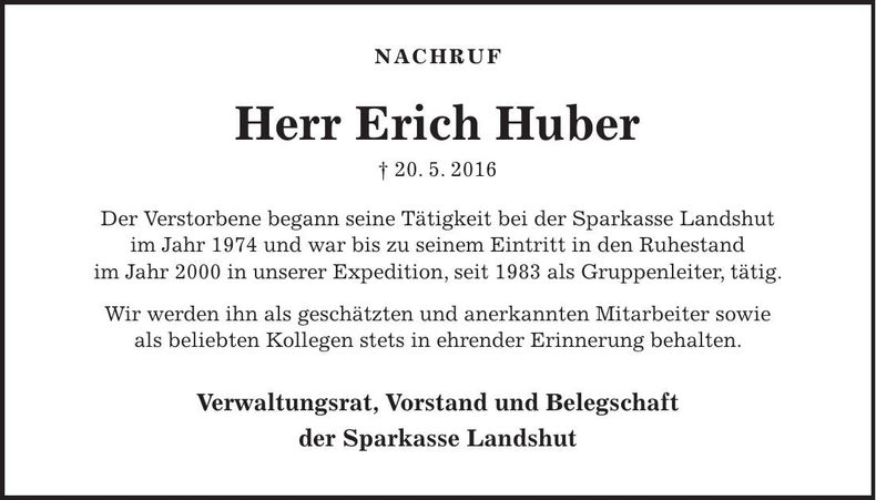 Traueranzeige Erich Huber