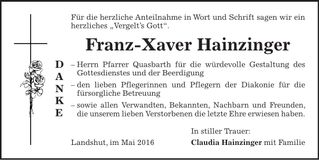 Traueranzeige Franz-Xaver Hainzinger