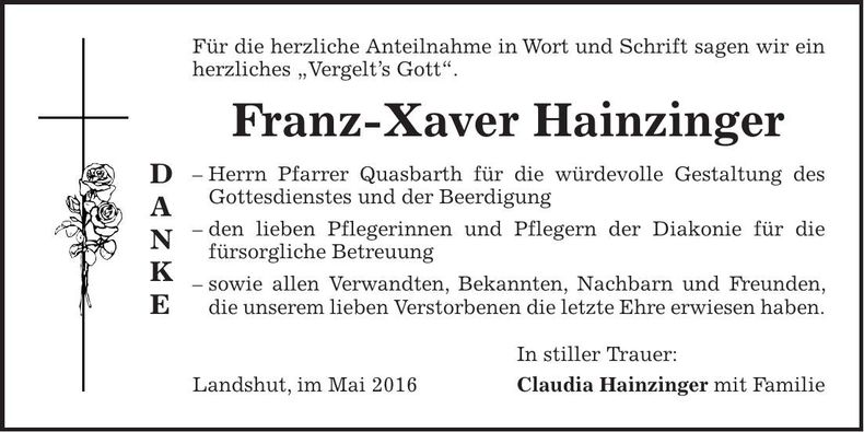 Traueranzeige Franz-Xaver Hainzinger
