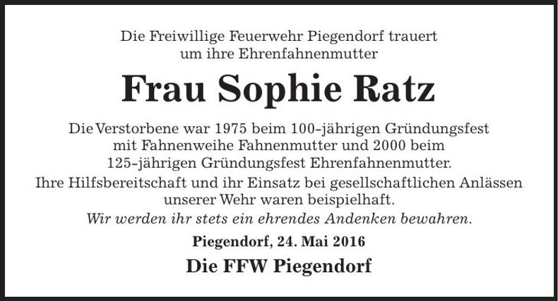Traueranzeige Sophie Ratz