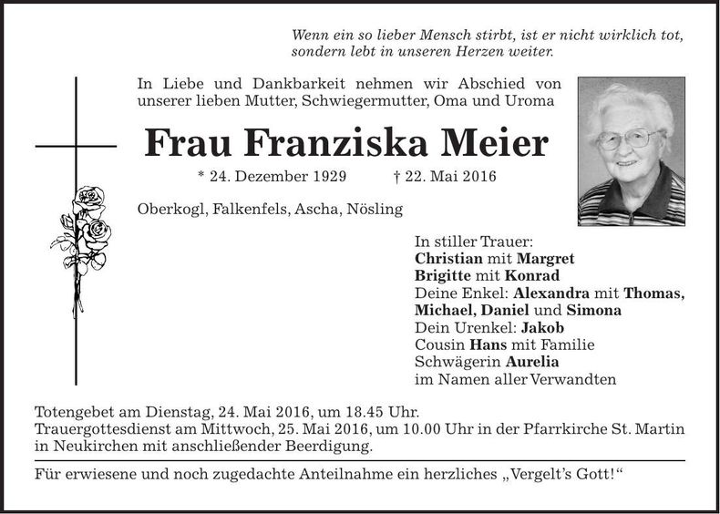 Traueranzeige Franziska Meier