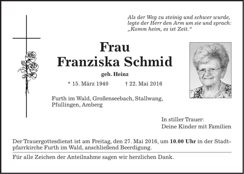 Traueranzeige Franziska Schmid