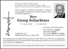 Traueranzeige Georg Schachtner