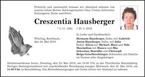 Traueranzeige Creszentia Hausberger