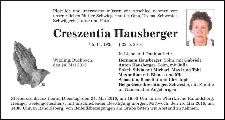 Traueranzeige Creszentia Hausberger