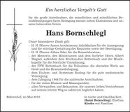 Traueranzeige Hans Bornschlegl