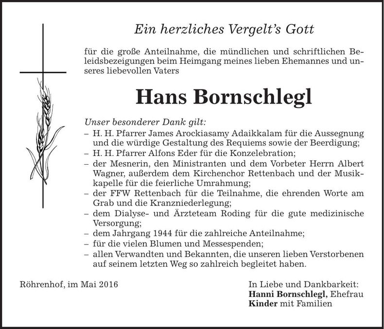 Traueranzeige Hans Bornschlegl