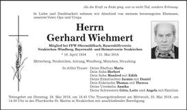 Traueranzeige Gerhard Wiehmert