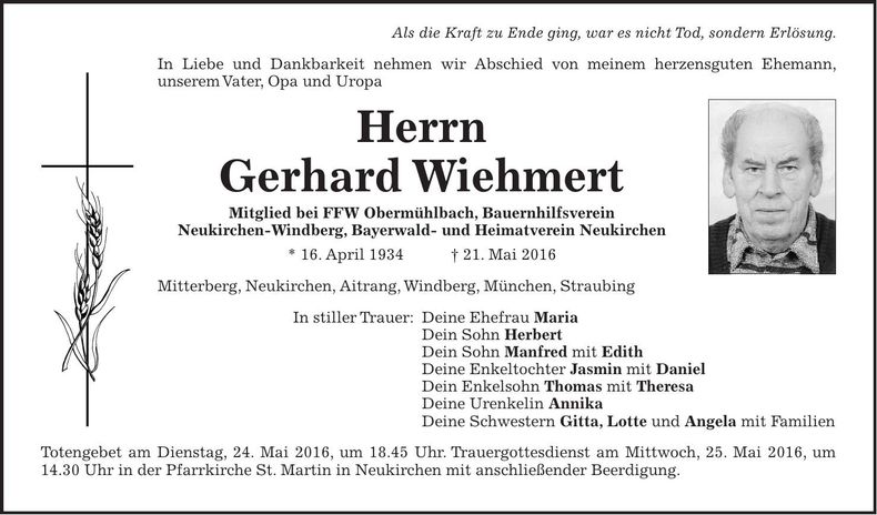 Traueranzeige Gerhard Wiehmert