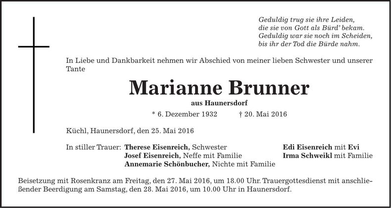Traueranzeige Marianne Brunner