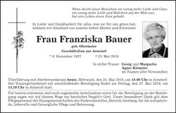 Traueranzeige Franziska Bauer
