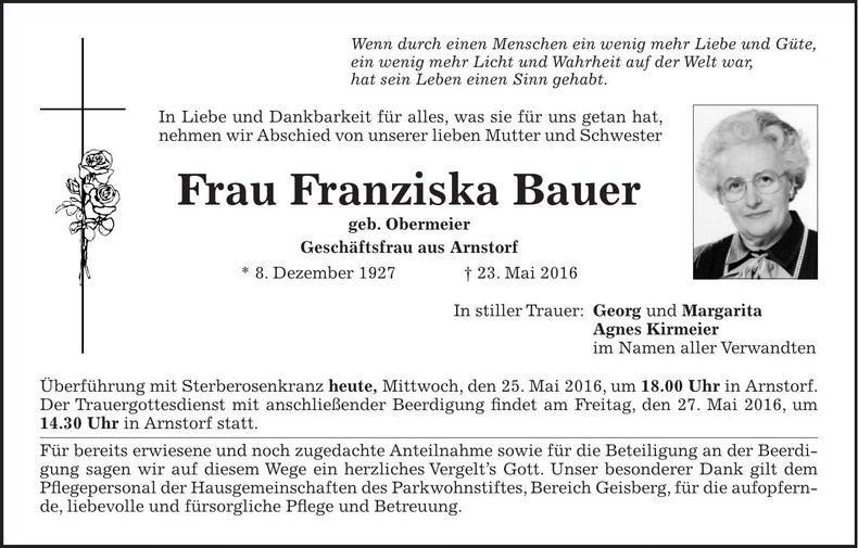 Traueranzeige Franziska Bauer