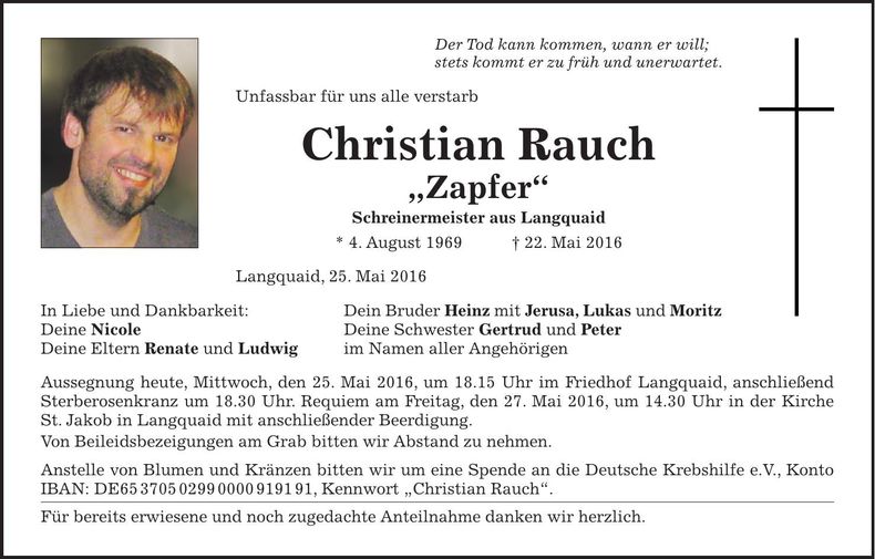 Traueranzeige Christian Rauch