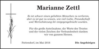 Traueranzeige Marianne Zettl
