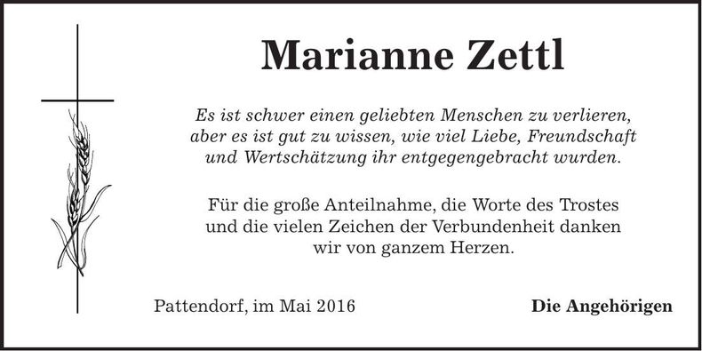 Traueranzeige Marianne Zettl