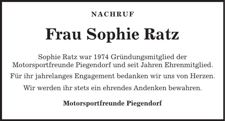 Traueranzeige Sophie Ratz
