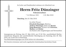 Traueranzeige Fritz Dünzinger