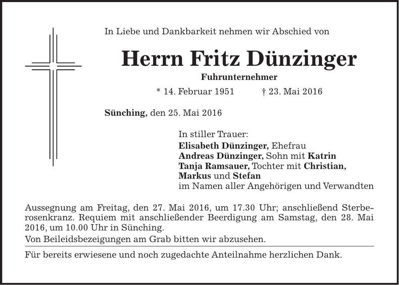 Traueranzeige Fritz Dünzinger