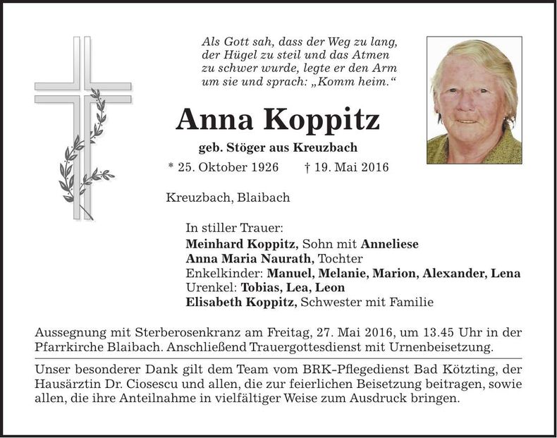 Traueranzeige Anna Koppitz