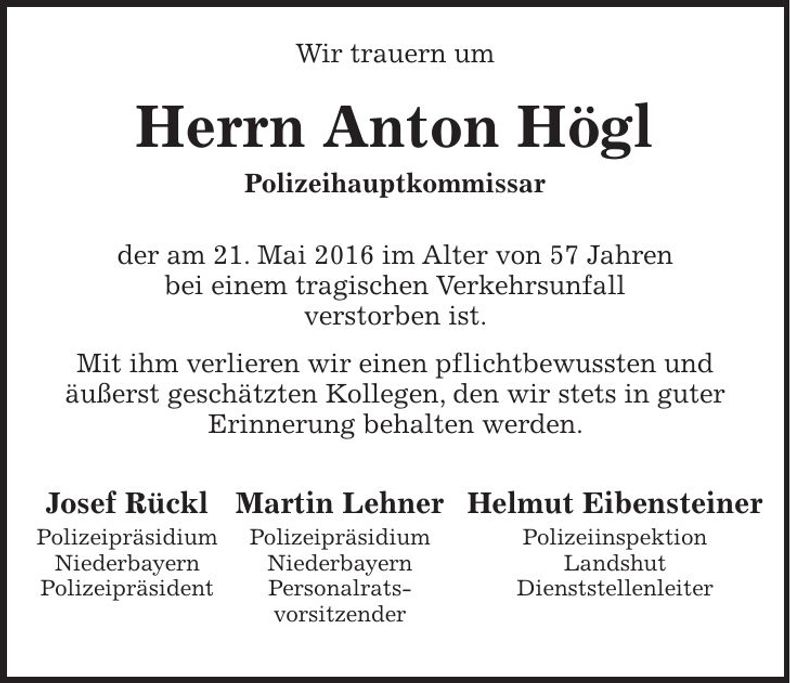 Traueranzeige Anton Högl
