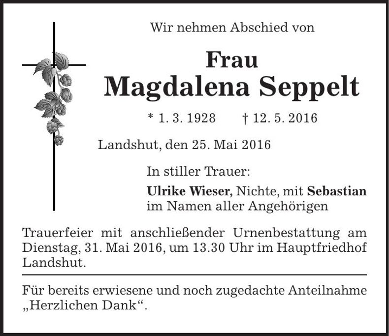 Traueranzeige Magdalena Seppelt