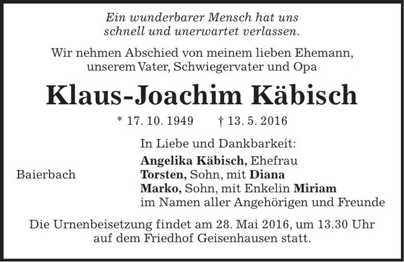 Traueranzeige Klaus-Joachim Käbisch