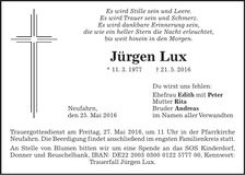 Traueranzeige Jürgen Lux