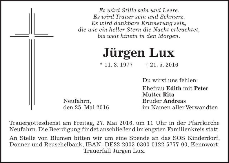 Traueranzeige Jürgen Lux