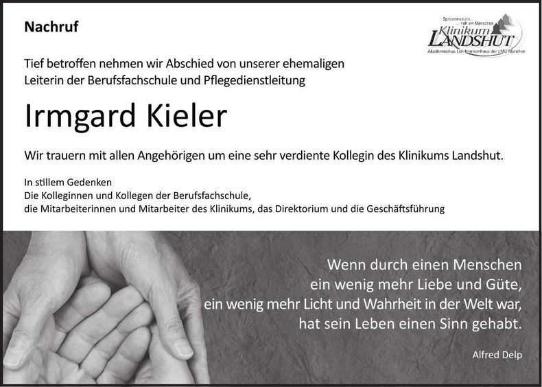 Traueranzeige Irmgard Kieler