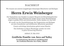 Traueranzeige Erwin Weinberger
