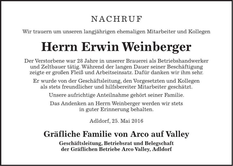 Traueranzeige Erwin Weinberger