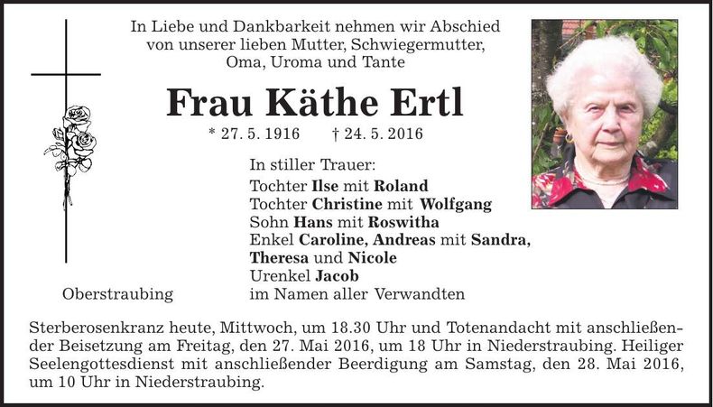 Traueranzeige Käthe Ertl