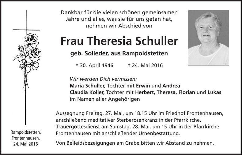 Traueranzeige Theresia Schuller