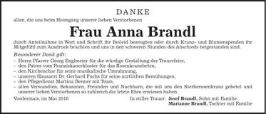 Traueranzeige Anna Brandl